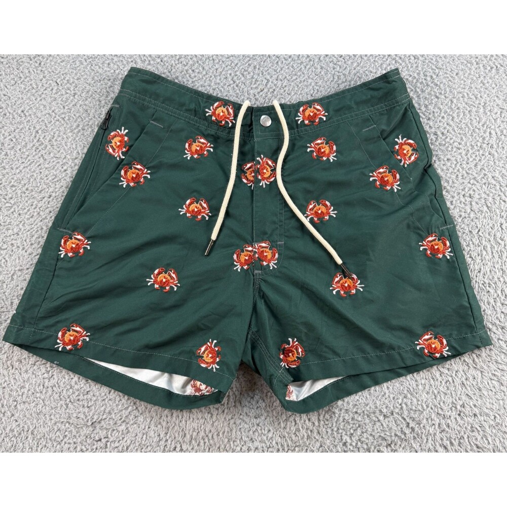 OAS Swim Trunks Green Crab AOP Beach Resort Men's Size Small S Sweden Drawstring